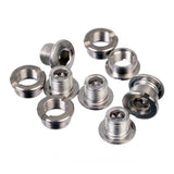 Set of five ID stainless steel chainring bolts, double size spares and accessories for bike components.