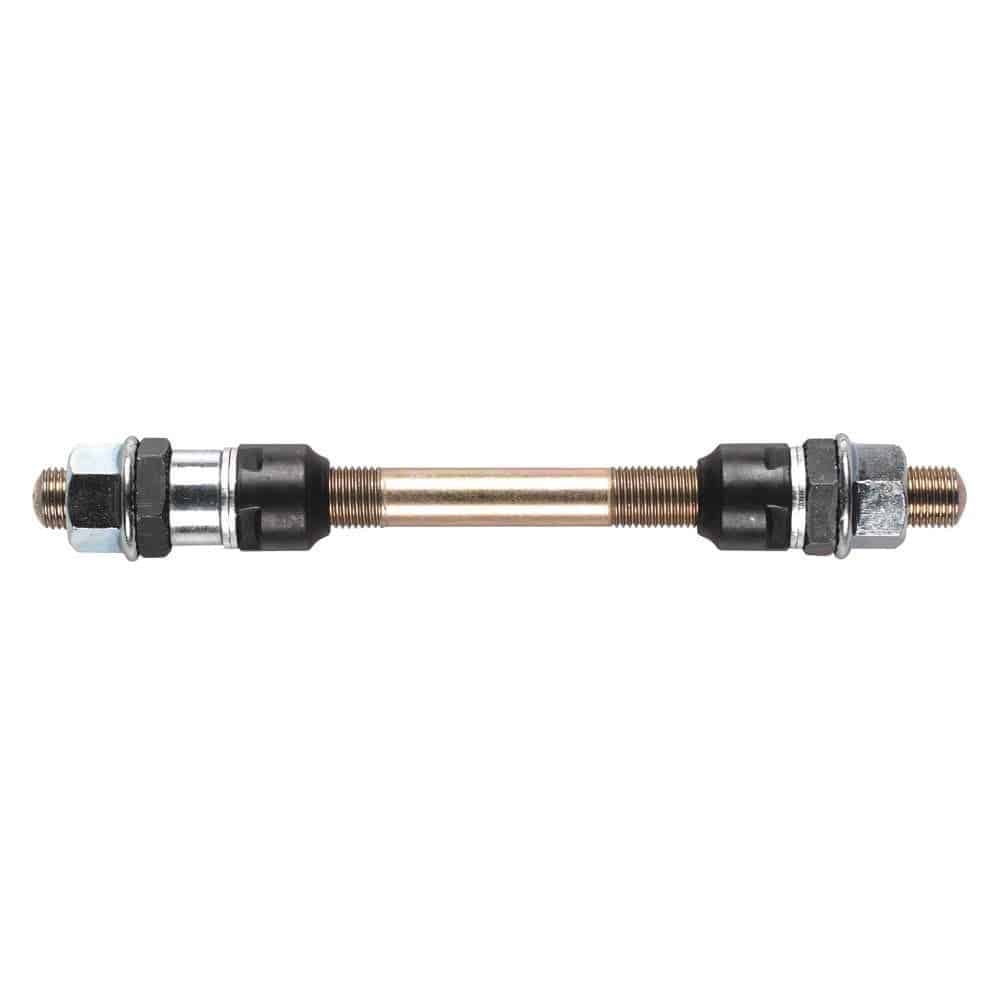 Weldtite axle replacement parts for bike hubs, durable components for front and rear bicycle hubs, black metal finish.