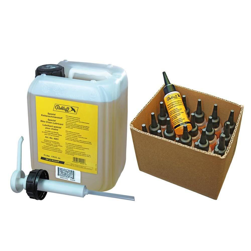Rohloff synthetic biodegradable chain lube for Lubmatic system, workshop use, in a container with a applicator nozzle.