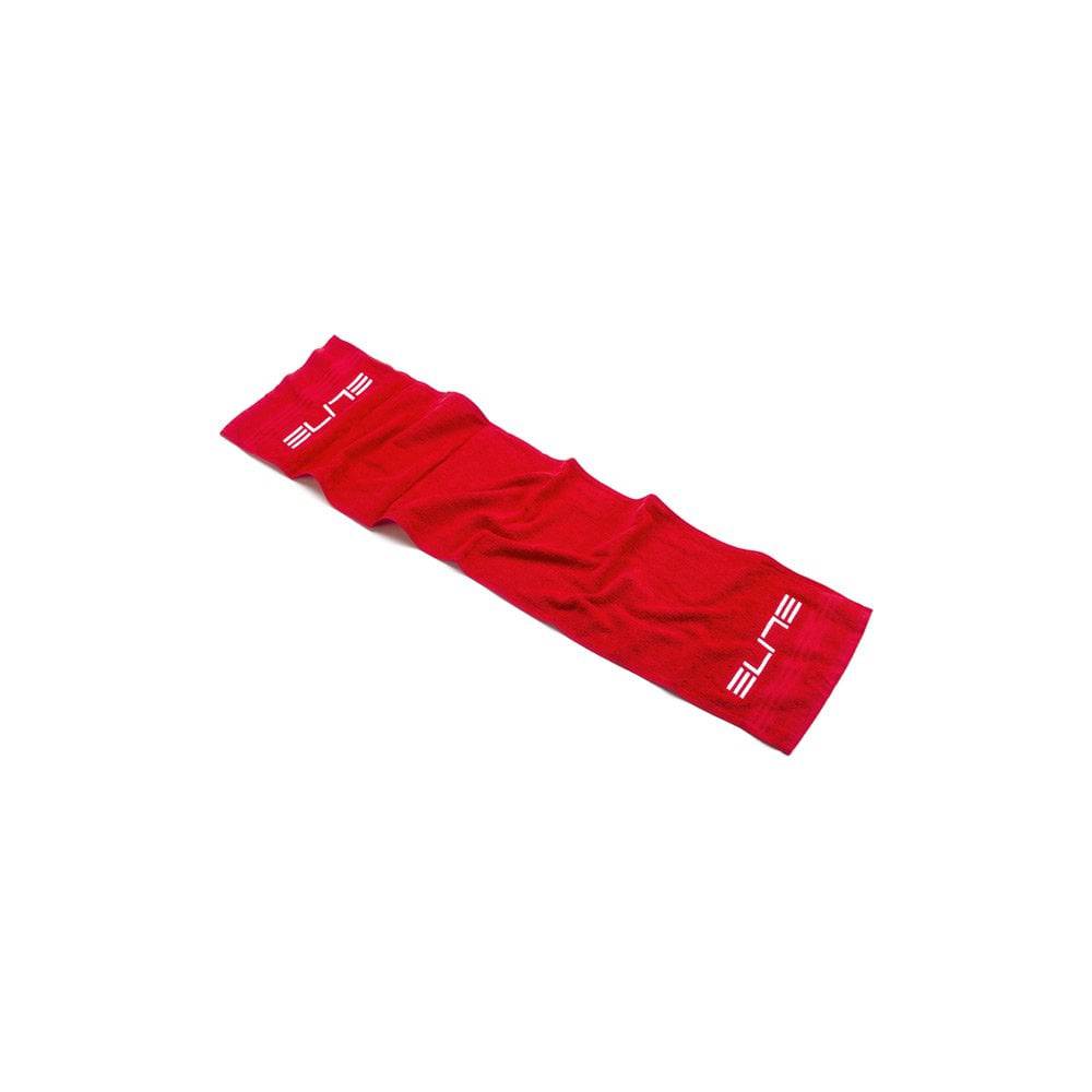 Elite Zugman Training Towel for indoor cycling, made of absorbent durable cotton, shown draped over bike handlebars.