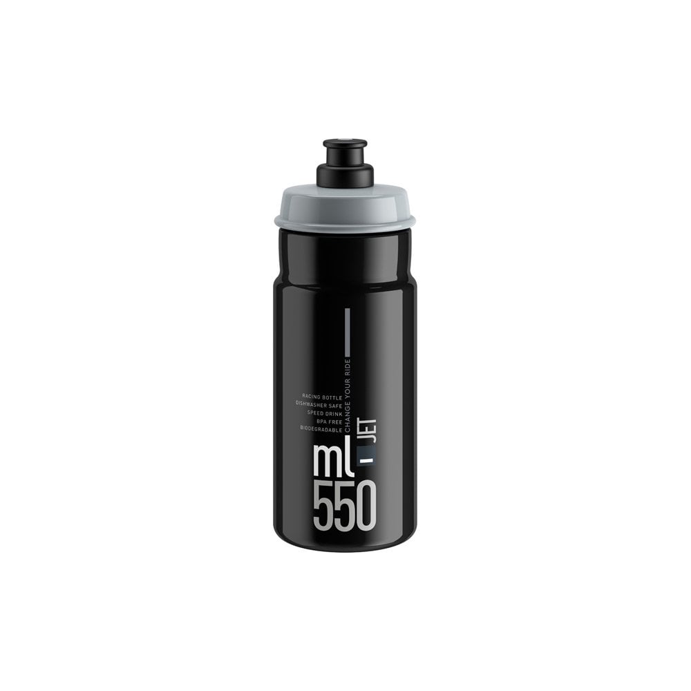 Elite Bottles Jet biodegradable cycling water bottle with high flow valve and safety valve, shown with a clear plastic design.