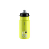 Elite Bottles Jet biodegradable cycling water bottle with high flow valve and safety valve, shown with close-up of valve details.
