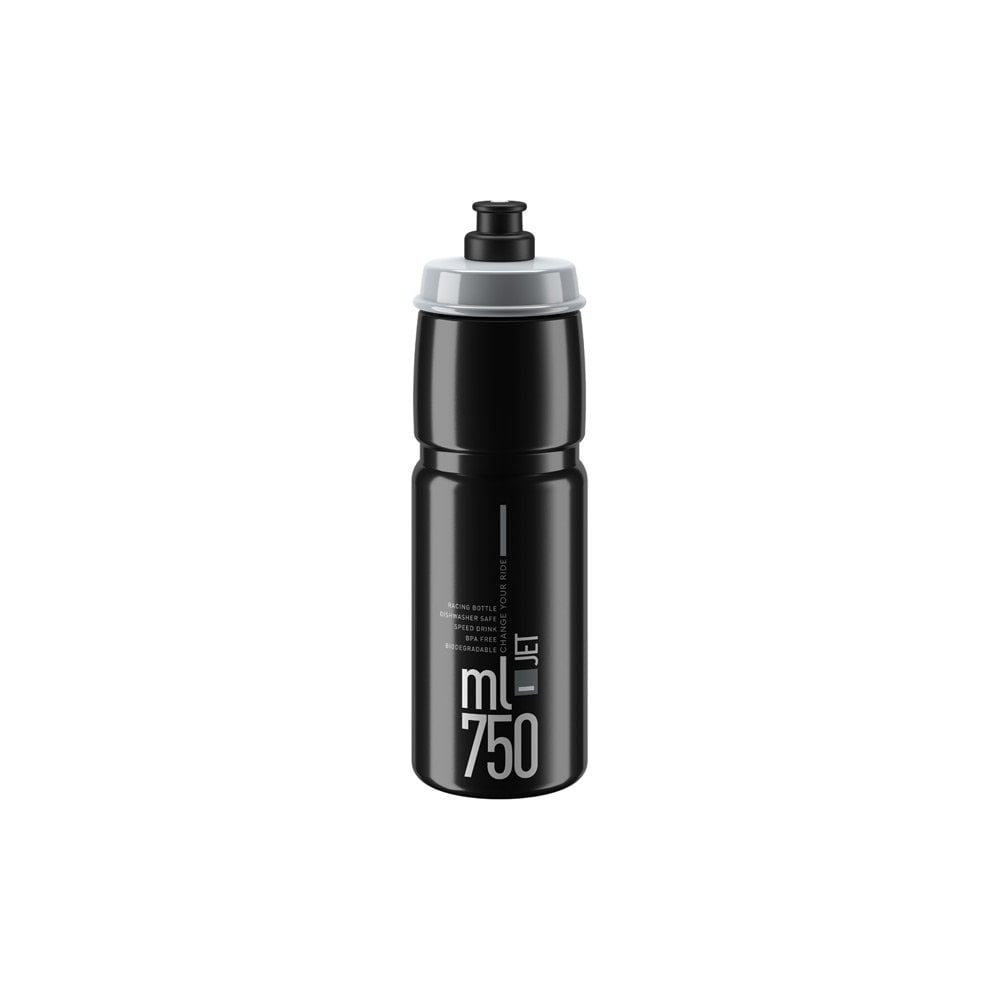Elite Bottles Jet biodegradable cycling water bottle with high flow and safety valves, designed for easy hydration during rides.
