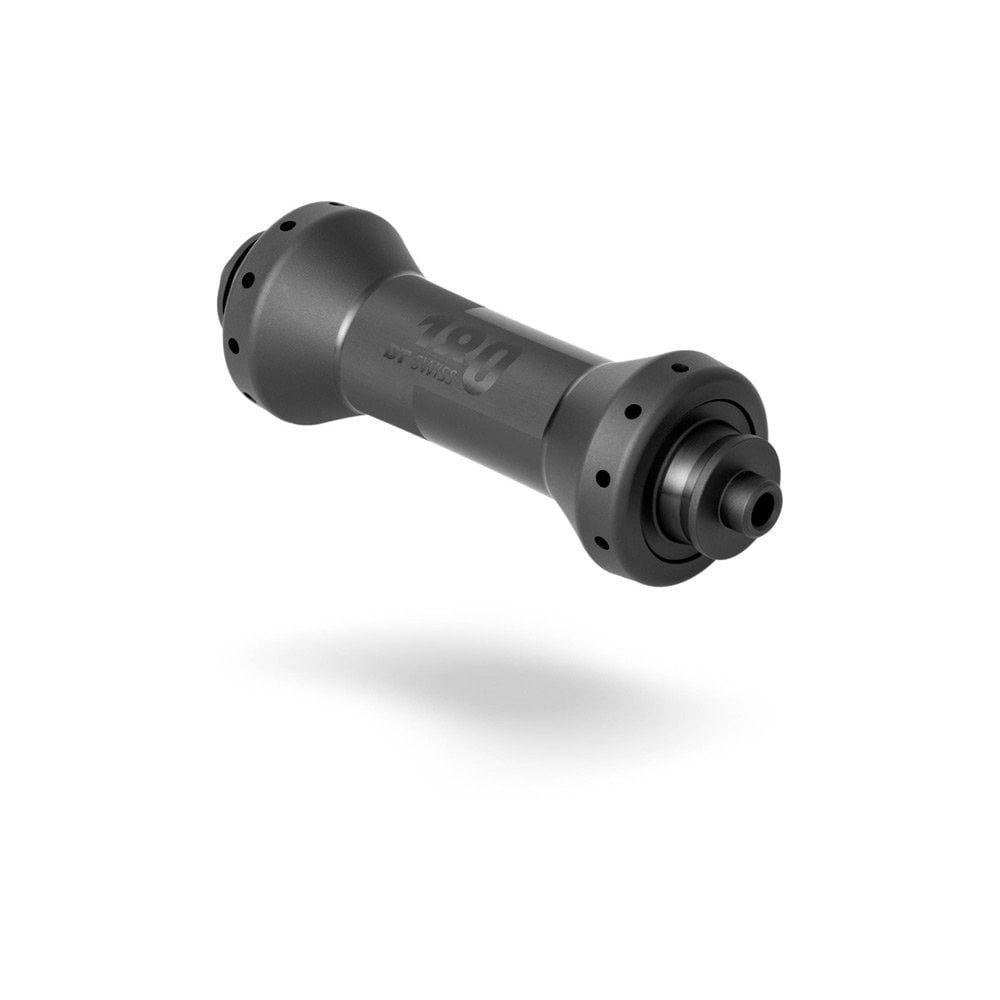 DT Swiss 180 straight pull front hub with 100mm quick release, 20 holes, black, bicycle wheel component.