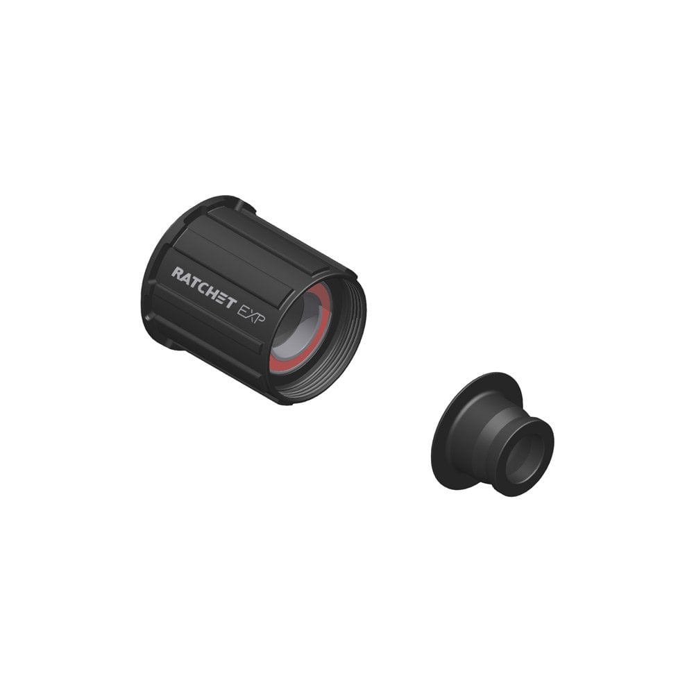 DT Swiss Ratchet EXP freehub conversion kit for Shimano MTB 142/12mm Boost, showing the compact components and ratchet mechanism.