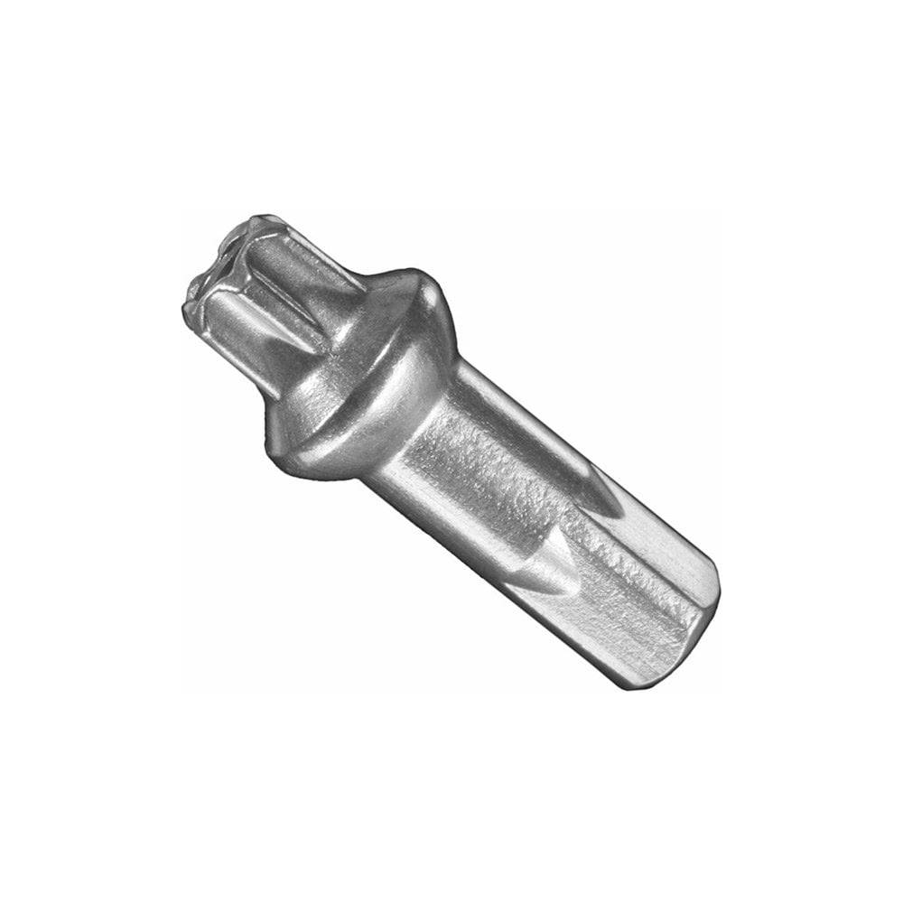 Silver DT Swiss 2.0mm x 15mm Prolock Pro Head Squorx Brass Nipples for bicycle wheels, shown in a box of 100.