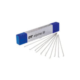 DT Swiss Alpine III box of 100 durable e-bike and touring bike spokes, component for wheel building, black finish with spokes laid out.