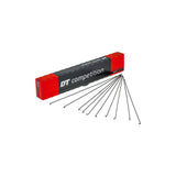 DT Swiss Competition Box 100 black electro-chemical treated spokes for bicycle wheel components, showing the sleek, black spokes.