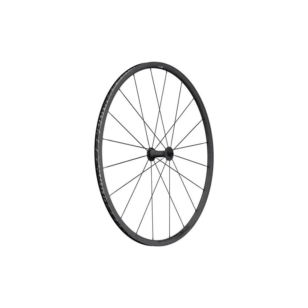 DT Swiss PR 1400 DICUT Oxic clincher front wheel with 21x18mm quick-release for road bike, showcasing the wheel's rim and spokes.
