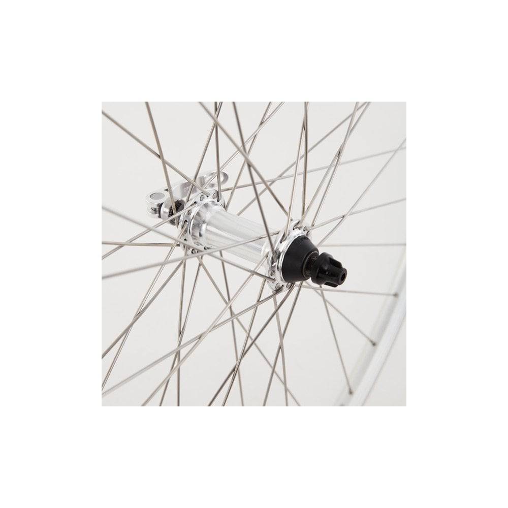 M Part front quick release wheel for rim brake bikes, model QR100/DW29/PG 36H/SR, with silver finish and rim brake compatibility.