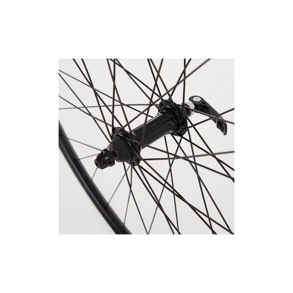 Black M Part Wheels hybrid front quick release 700c road bike wheel showing the rim and quick release skewer.