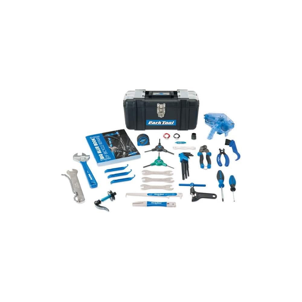 Park Tool AK-5 Advanced Mechanic Tool Kit with Big Blue Book for bike repair in a workshop setting.