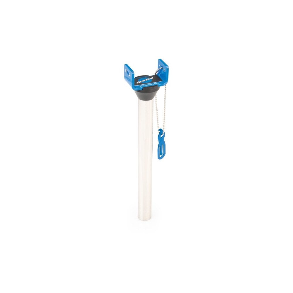 Park Tool DF-1 dummy fork for bike maintenance, includes brake caliper holder and spacer, used in workshop bike repairs.