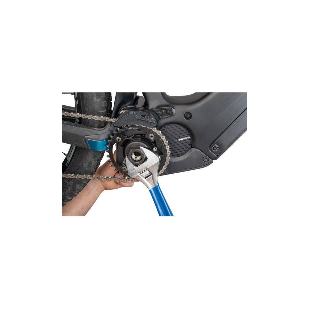 Park Tool LRT-2 Shimano Steps lockring tool for e-bike motor maintenance, shown in a workshop setting, designed for Shimano E-Bike motors.