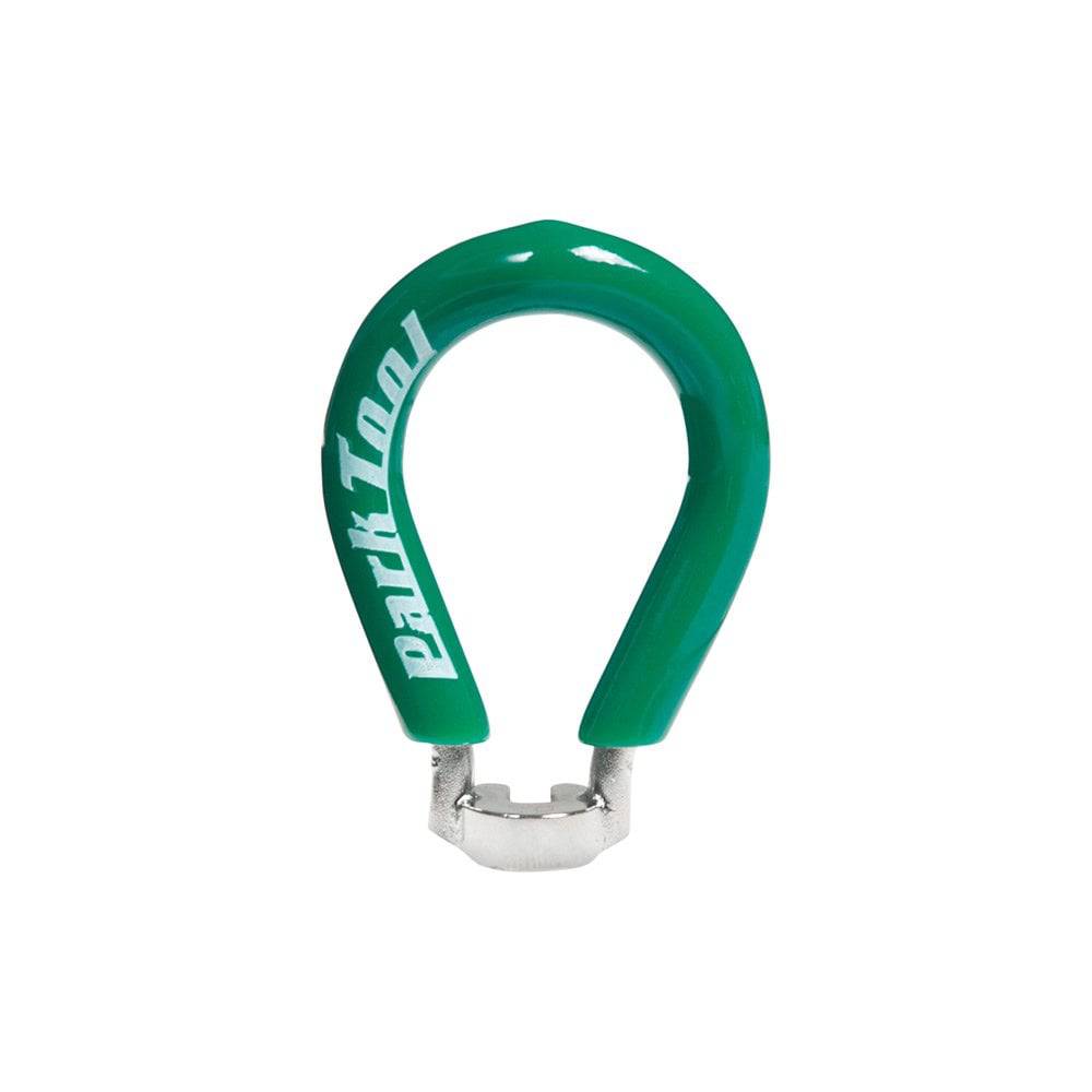 Park Tool SW-1 spoke wrench with a green vinyl handle, precision bike tool for adjusting 0.130-inch spokes in workshop settings.