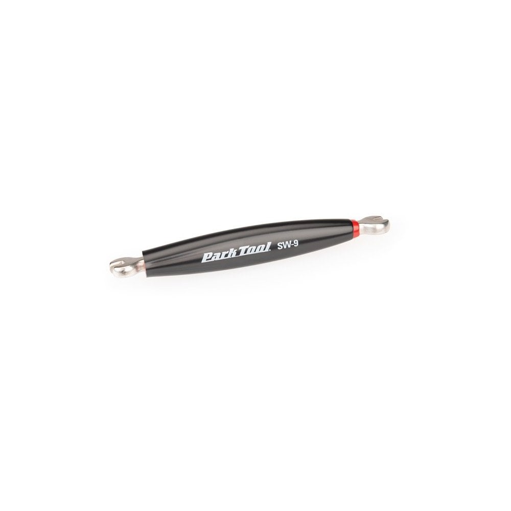 Park Tool SW-9 double-ended spoke wrench fitting 0.127" and 0.136" nipples, used for bicycle wheel maintenance.