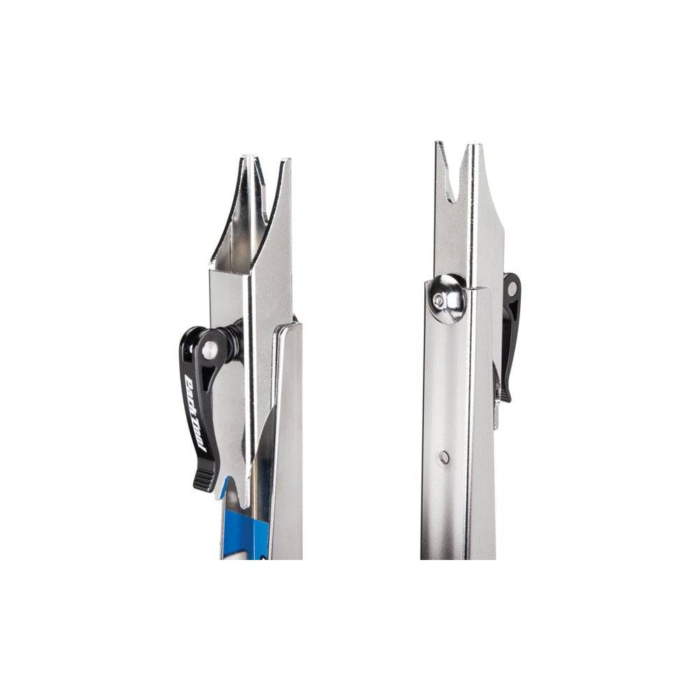 Park Tool TS-2EXT.3 upright extensions and thru-axle adapters for TS-2 truing stand, used in bike workshop maintenance.