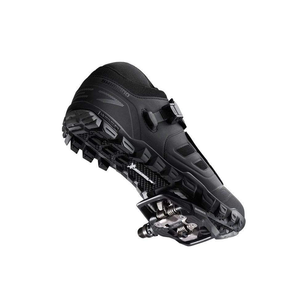 Shimano PD-ME700 SPD clipless pedals in black, designed for cross-country and trail riding, dual-sided for easy clipping.