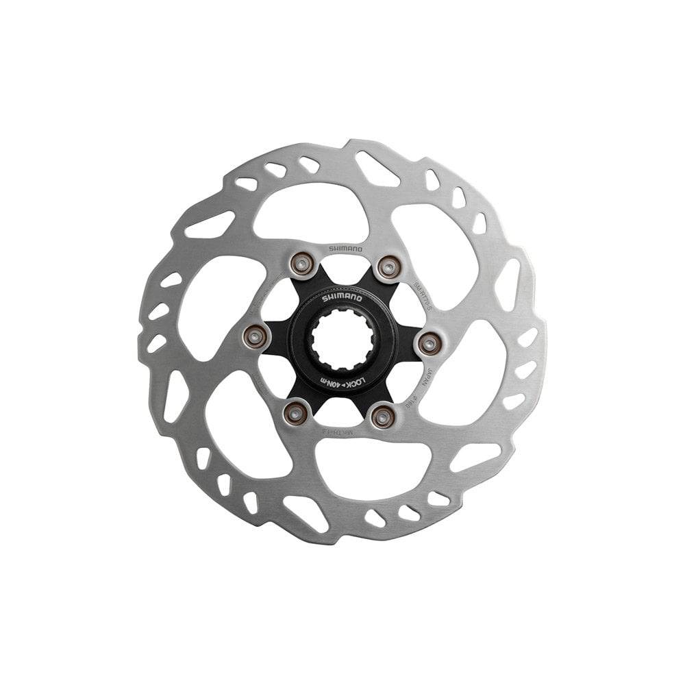 Shimano SM-RT70 Center Lock Rotor with Ice Tech for bicycle braking, showing the rotor's surface and center lock mounting system.