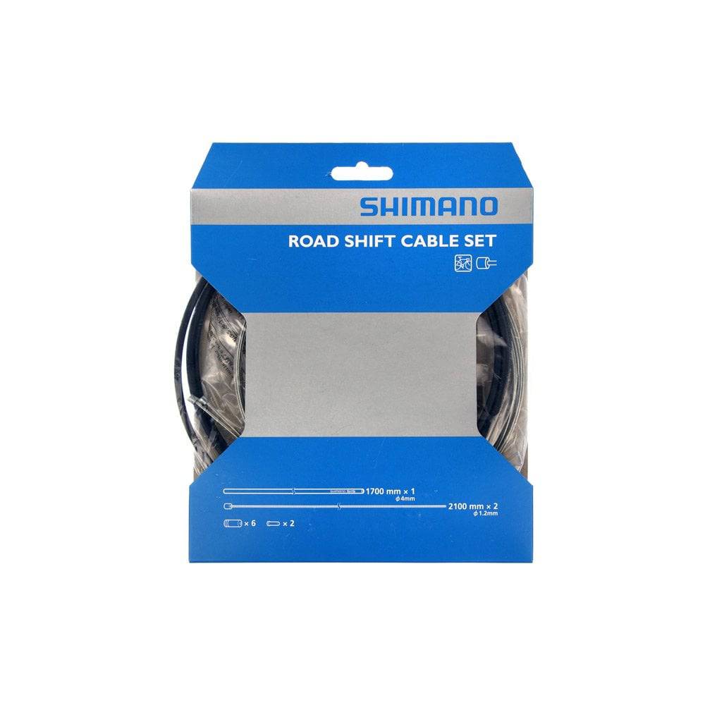 Shimano road bike gear cable set with steel inner wire and black SIS outer casing for smooth shifting.