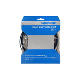 Shimano road bike gear cable set with steel inner wire and black SIS outer casing for smooth shifting.