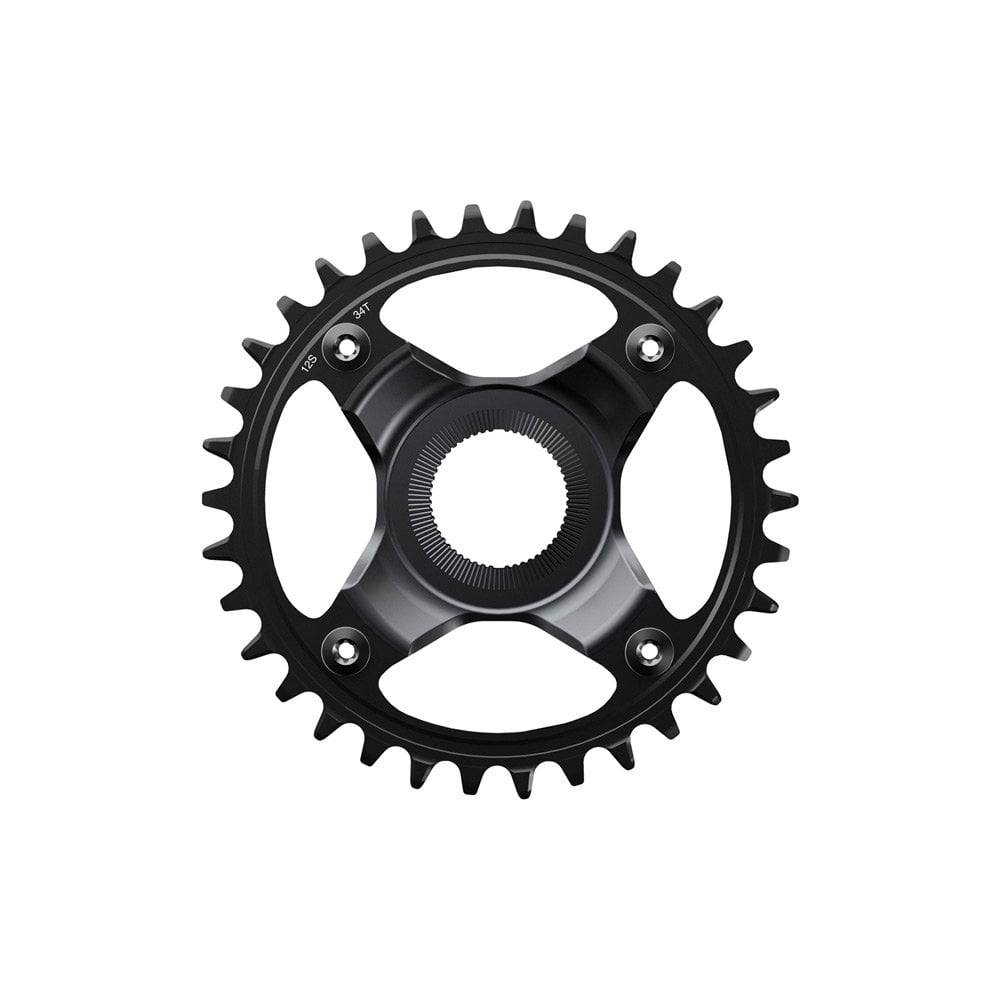 Shimano STEPS SM-CRE80-12-B 12-speed 38T single chainring for e-bike drivetrain components, shown in close-up.
