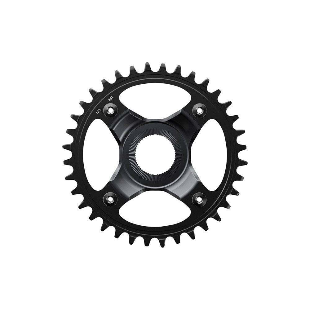 Shimano STEPS SM-CRE80-12-B 12-speed 38T single chainring for e-bike drivetrain components, black metal with mounting holes.