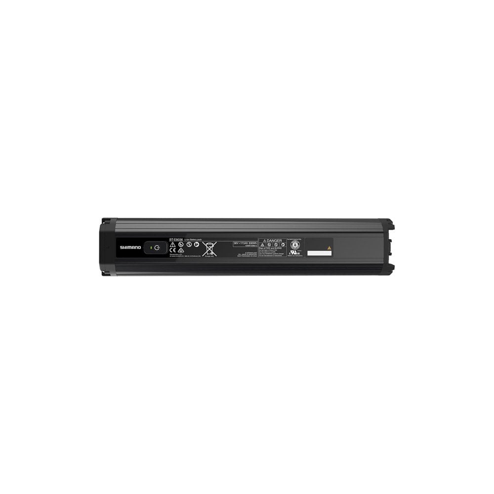 Shimano STEPS BT-E8036 630Wh e-bike battery with black frame-down tube integrated mount, designed for Shimano electric bike components.