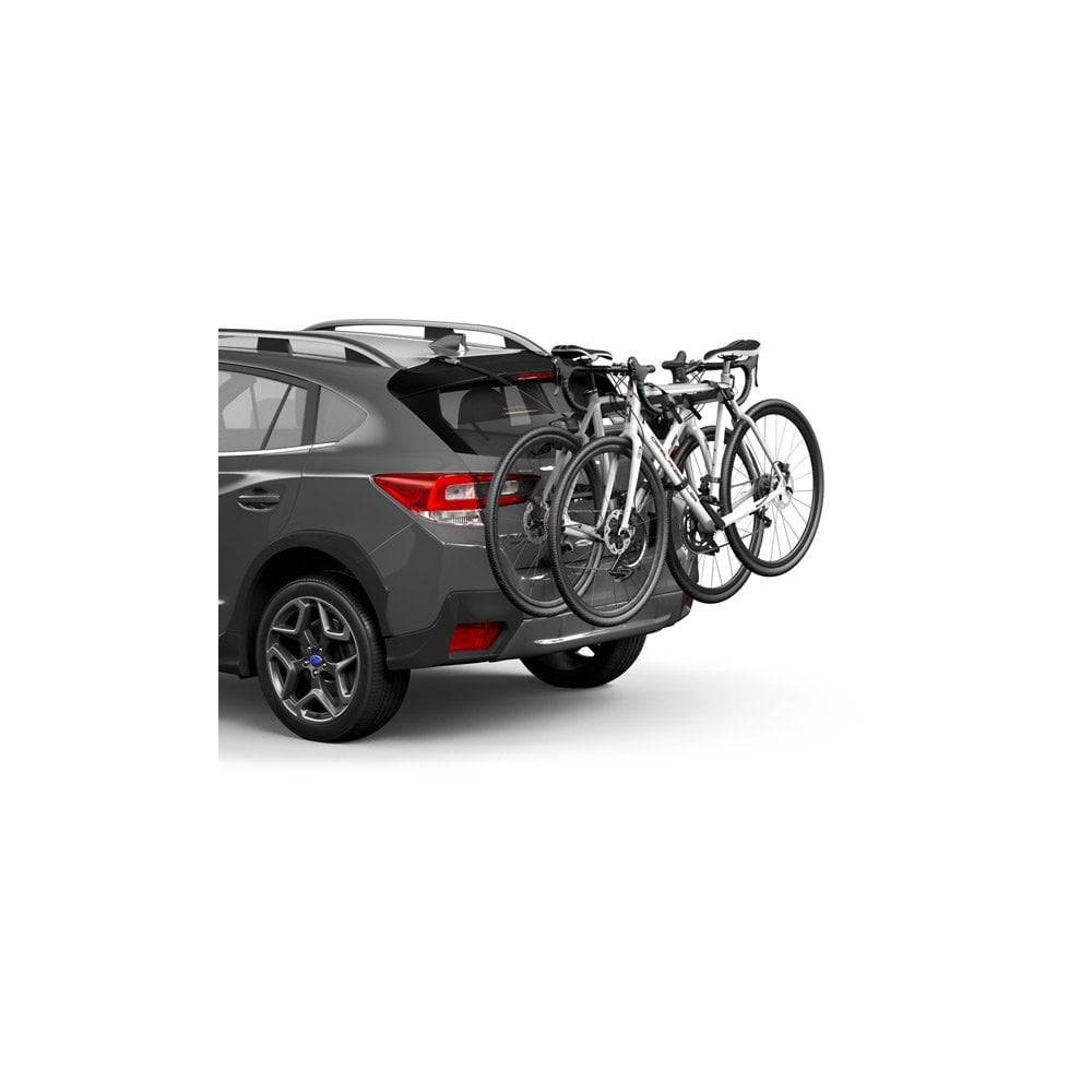 Thule OutWay rear-mount 2 bike carrier rack with anti-sway and locking cable, designed for secure vehicle bike transport.