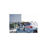 Thule OutWay rear-mount bike carrier rack with anti-sway and locking cable, designed for safe bike transportation on vehicles.
