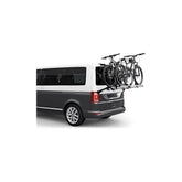 Thule WanderWay rear-mount 2-bike carrier attached to a Volkswagen T6 van, showcasing its sturdy design and secure bike mounting system.