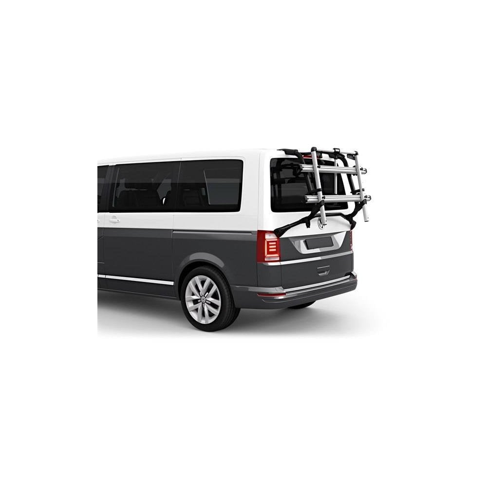 Thule WanderWay rear-mount 2-bike carrier attached to a Volkswagen T6 van, showing its sturdy design and mounting system.