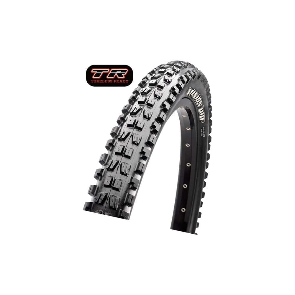 Maxxis Minion DHF EXO/TR tubeless ready mountain bike tyre with aggressive tread for trail riding, shown mounted on a bike wheel.