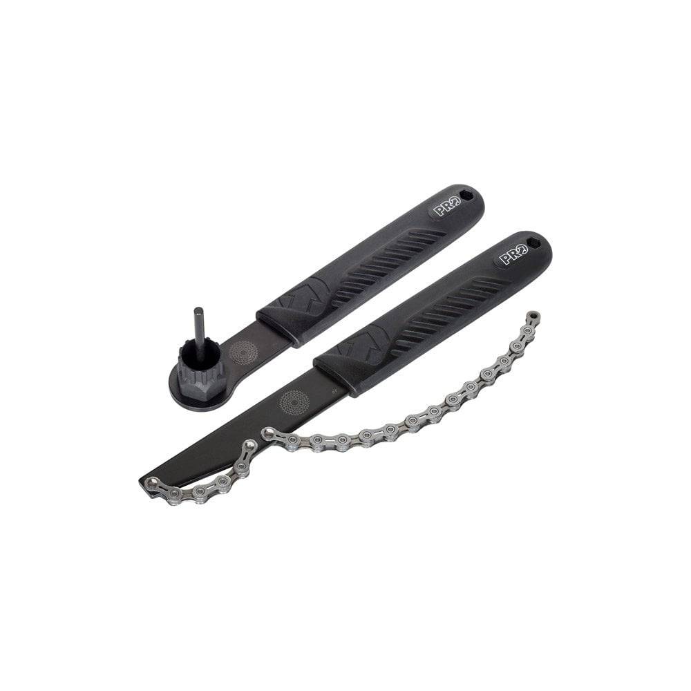 PRO workshop cassette removal set with chain whip and lock ring tool for Shimano cassettes, ideal for bike maintenance and repair.