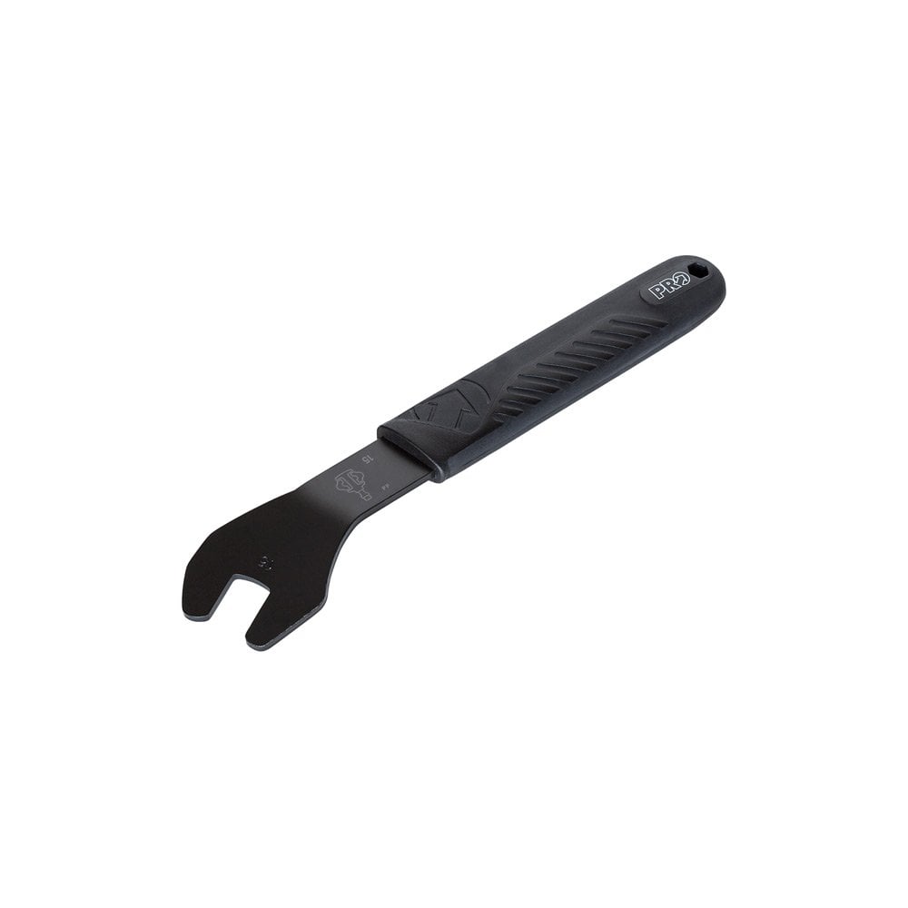 PRO Workshop 15mm Pedal Spanner Wrench with rubber grip for bike pedal removal, shown with ergonomic handle and sturdy metal construction.