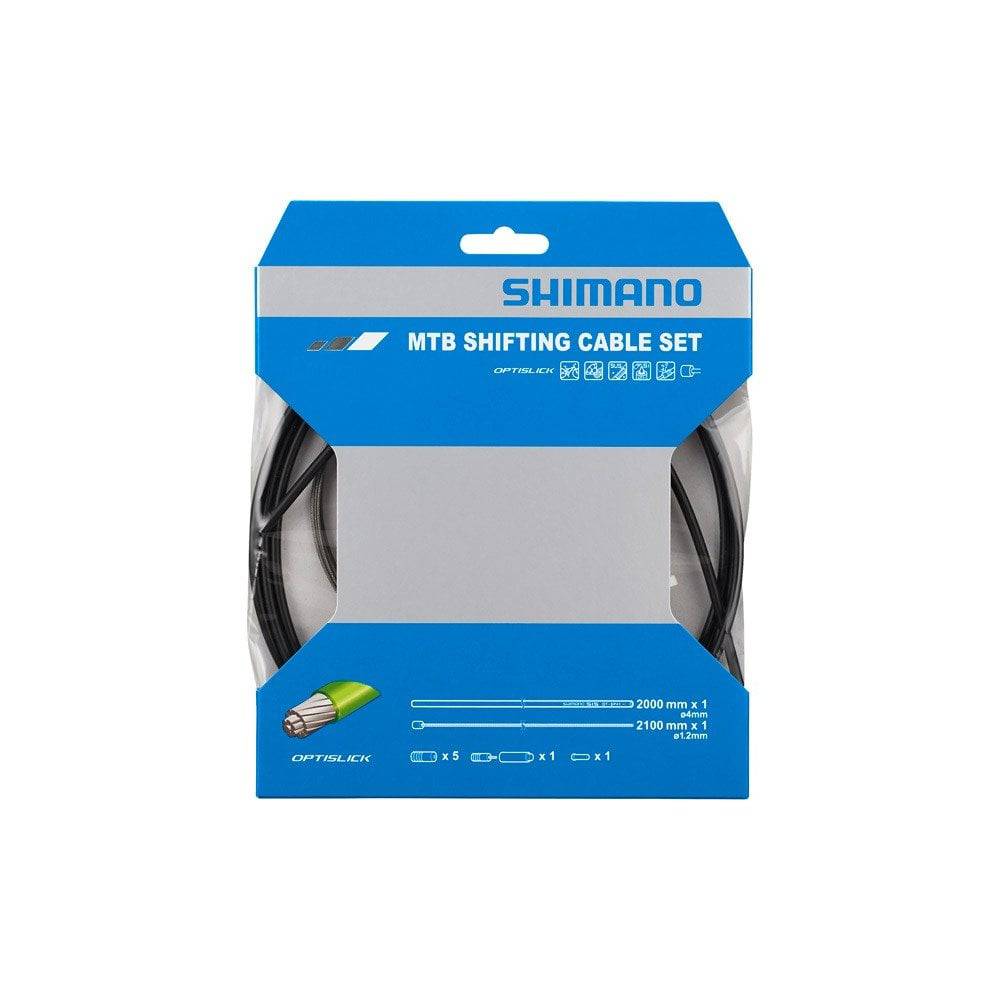 Shimano MTB rear gear cable set with OPTISLICK coated stainless steel inners, black, for smooth shifting on mountain bikes.