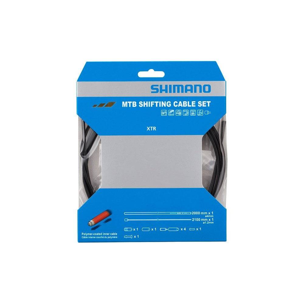 Shimano MTB rear gear cable set with polymer-coated stainless steel inner cable and black outer housing for mountain bike components.
