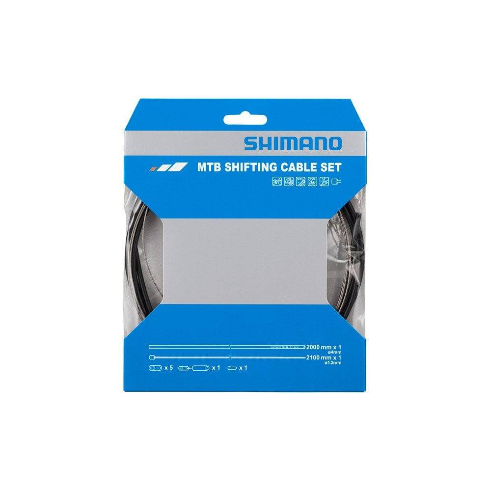 Shimano MTB rear gear cable set with stainless steel inner cable and black outer casing for smooth shifting.