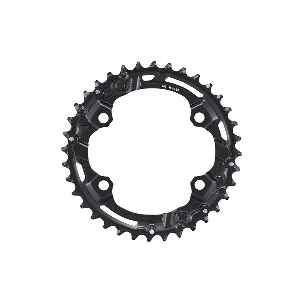Shimano Deore FC-M4100 36T double chainring for 10-speed cranksets, mounted on a bicycle crankset with 36-26T gear compatibility.
