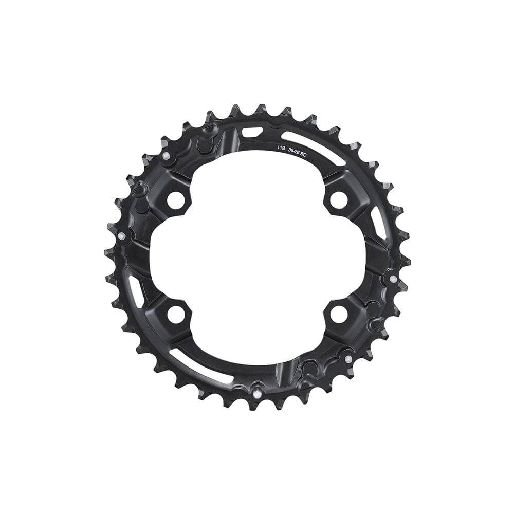 Shimano Deore FC-M5100-2 36T outer chainring for 11-speed MTB crankset with 36-26T compatibility, black metal component.