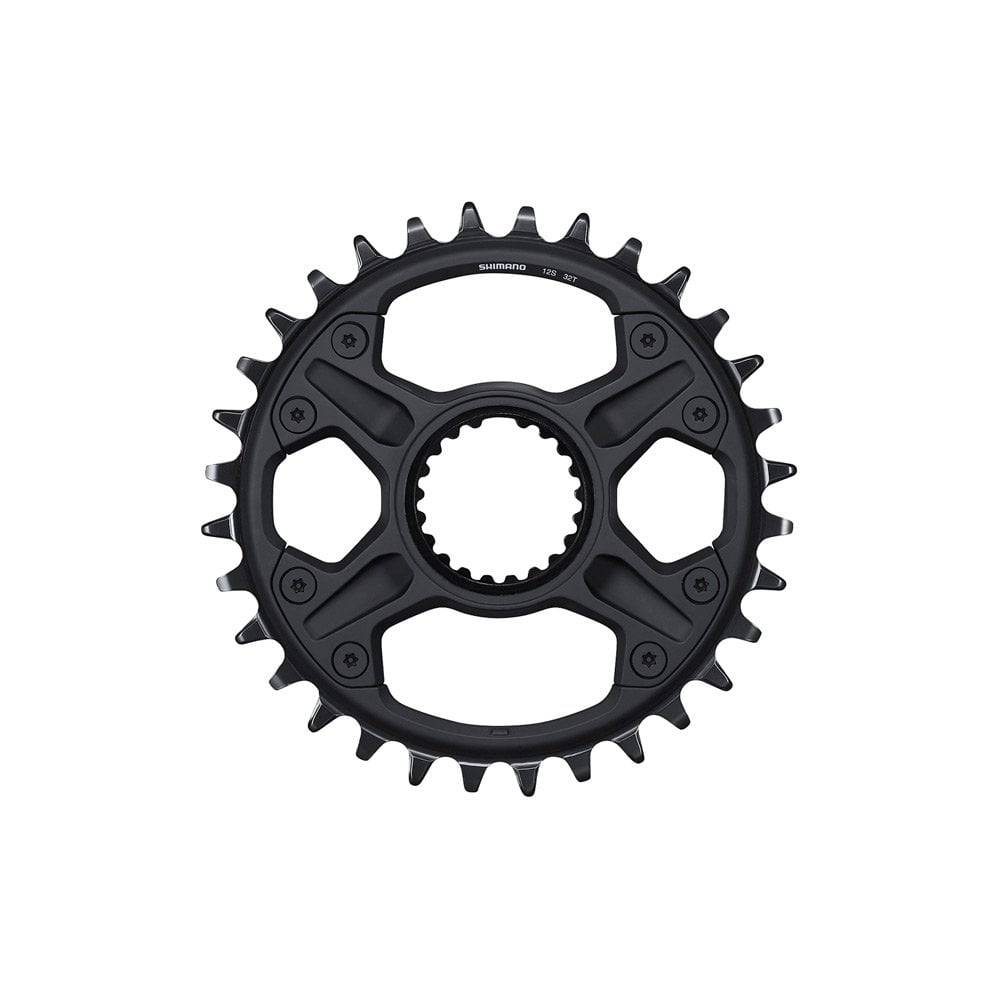 Shimano Deore 12-speed FC-M6100-1 32T single chainring for mountain bike, direct mount replacement, black metal gear component.