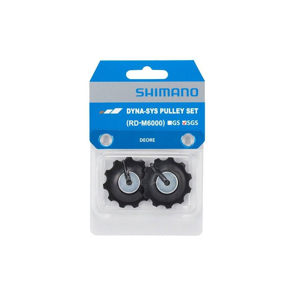 Shimano Deore RD-M6000 GS rear derailleur tension and guide pulley set for bike component maintenance.