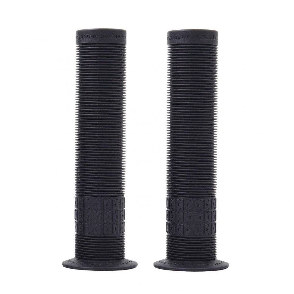 Black DMR Grip 25 Flange BMX handlebar grip for park, street, and dirt jump riding, celebrating 25th anniversary, shown on bike.