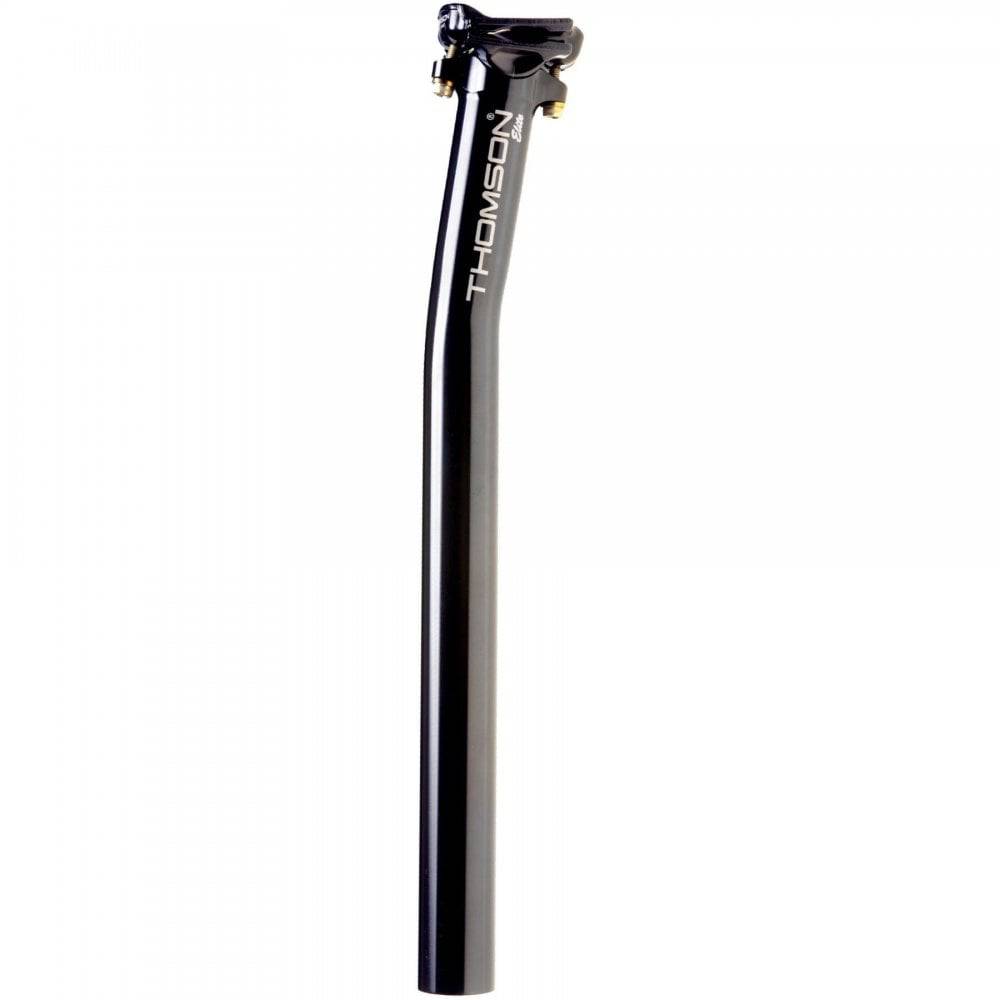 Thomson Elite setback bike seatpost made of high-strength alloy for road and mountain bikes, shown installed on a bicycle.