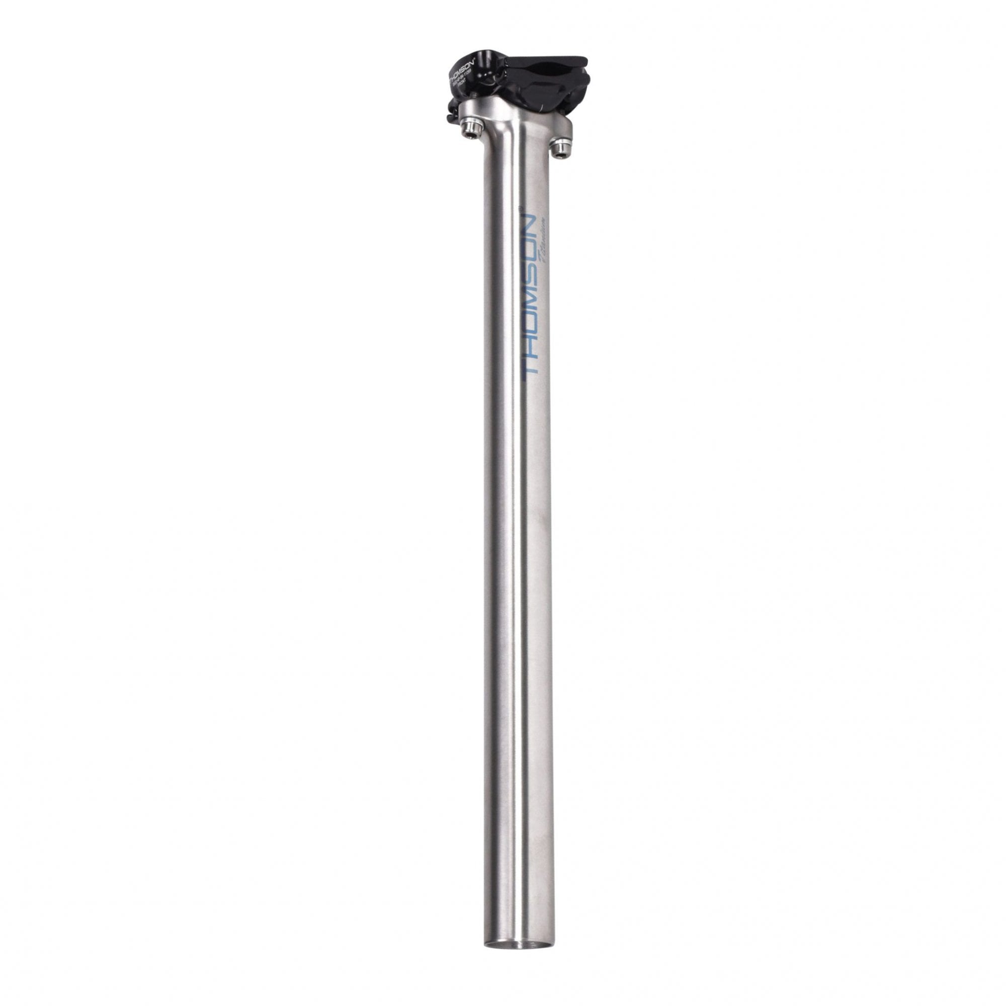 Thomson Masterpiece Ti bicycle seatpost in brushed finish, 27.2mm diameter, 410mm length with tilt adjustment and impact-absorbing clamps.