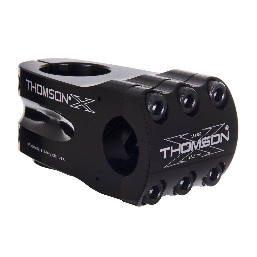 Thomson Elite BMX stem in black with 0° angle, 50mm length, 22.2mm handlebar clamp, bicycle component for BMX bikes.