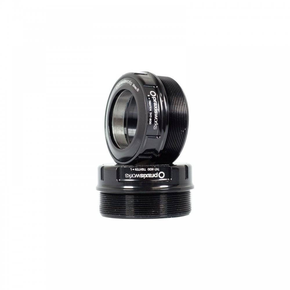 Praxis Works M30 T47 threaded bottom bracket for 68/73mm road and mountain bike shells, showing the black metal component