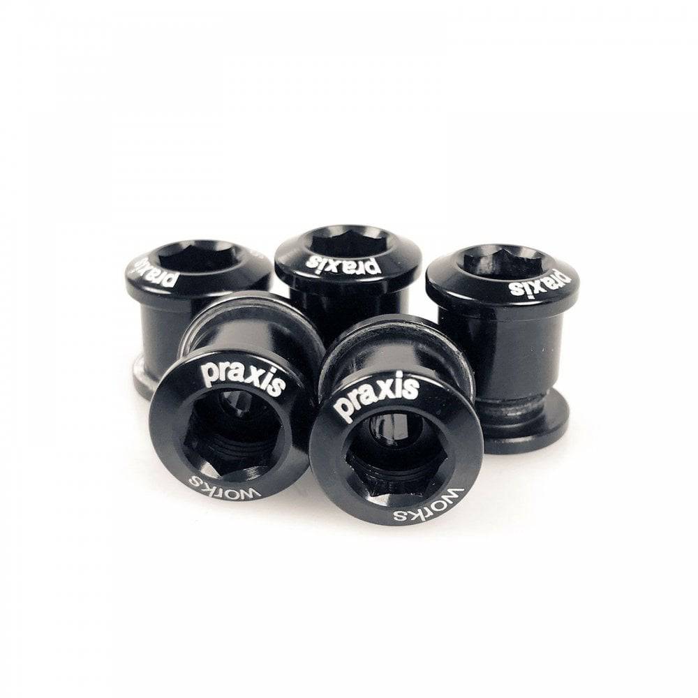 Praxis Works black alloy chainring bolts set of five for secure road bike drivetrain components.