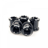 Praxis Works black alloy chainring bolts set of five for secure road bike drivetrain components.