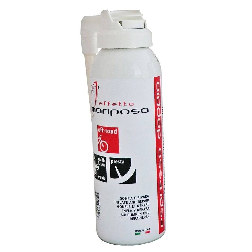 Effetto Mariposa Espresso tubeless tyre sealant and repair components for cyclists, shown in a close-up image.